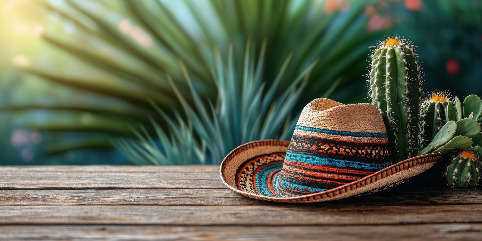 Decorative sombrero placed next to cacti on a rustic wooden table in a lush garden setting during daylight